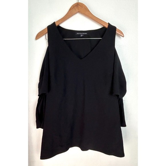 Boston Proper Blouse Women’s Small Black Cold Shoulder Shirt Top Short Sleeve - Picture 2 of 12